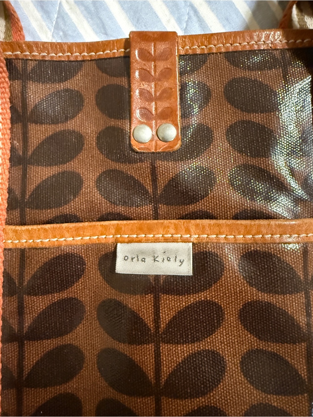 Orla Kiely Brown and Orange Leaf-Print coated Canvas Tote with Striped Handles - Picture 6 of 12